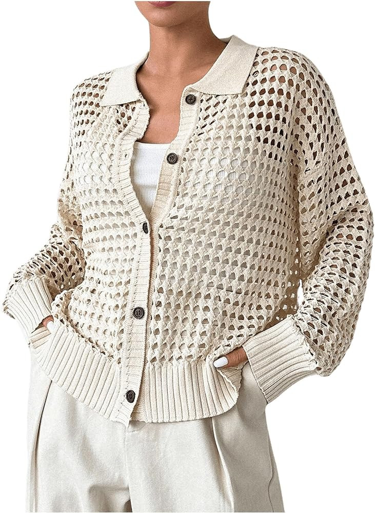 Women's Hollow Out Crochet Cardigan Sweater Collar Neck Button Front Cardigan Boho Loose Fit Casu... | Amazon (US)