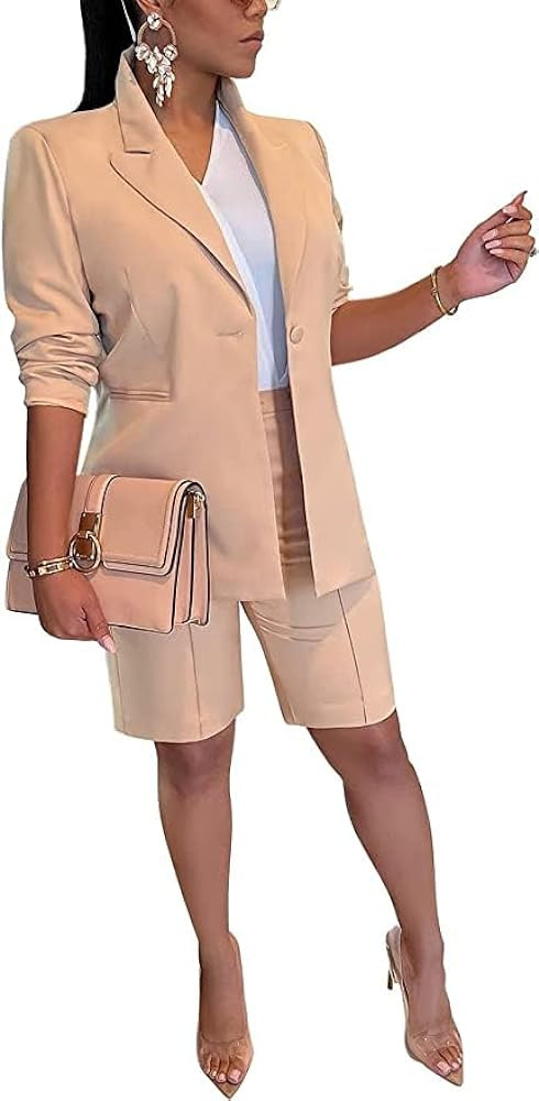 Women's 2024 Two Piece Outfits Casual Solid Color Open Front Blazer Shorts Set One Button Up Jack... | Amazon (US)