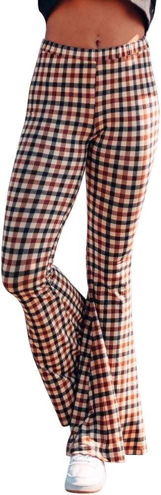 Fashion Women Ladies Plaid Printing Casual Long Wide Leg Trousers Flare Pants | Amazon (US)