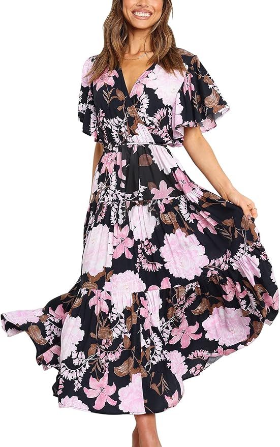 Leereya Womens Summer Wrap Maxi Dress Casual V Neck Short Sleeve Dresses A Line Pleated Hem Long ... | Amazon (US)