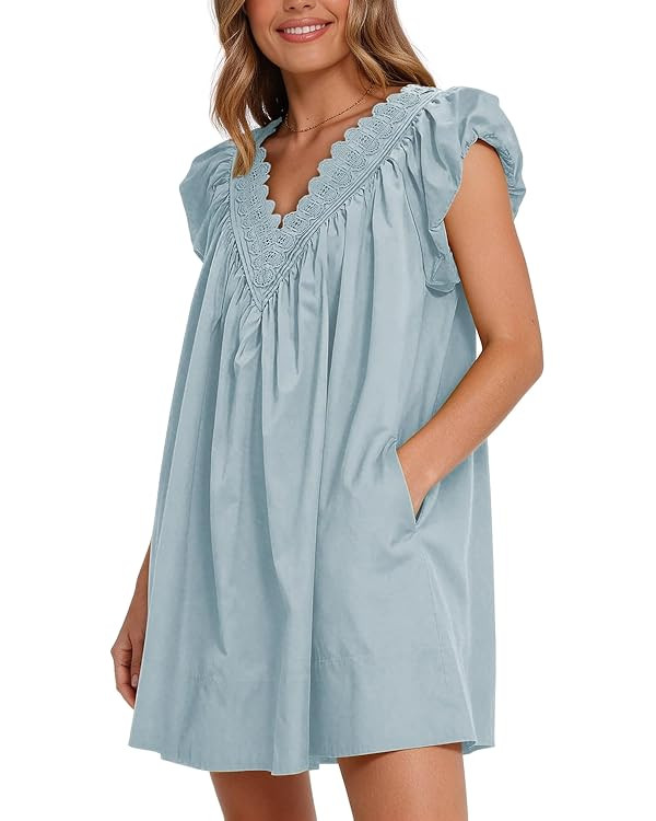 Senllen Cotton Summer Dresses for Women 2026 A Line Puff Short Sleeve V Neck Casual Babydoll Boho... | Amazon (US)