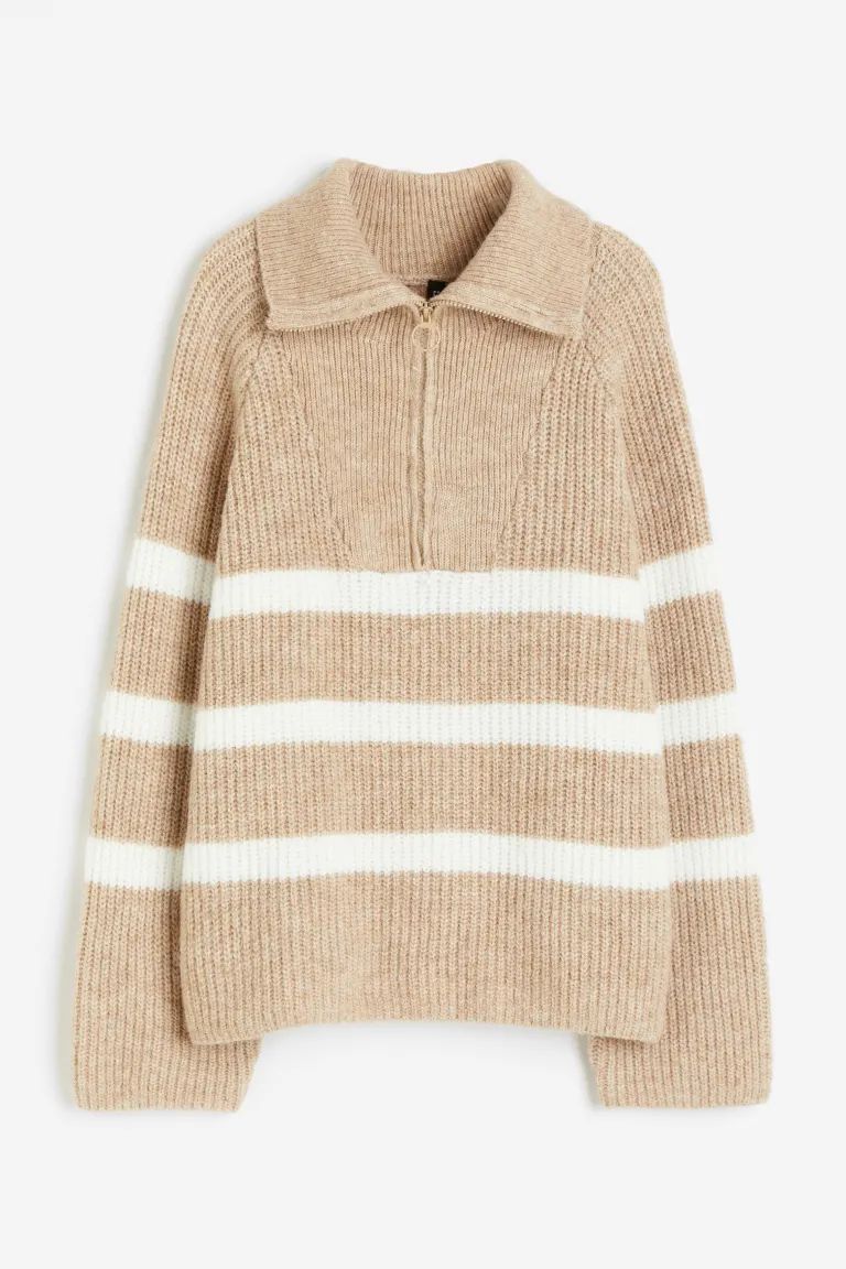 Oversized Half-zip Sweater - Beige/striped - Ladies | H&M US | H&M (US)