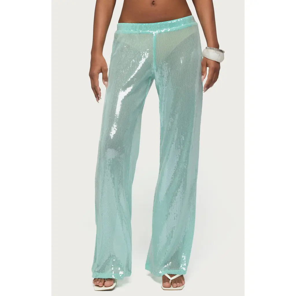 EDIKTED Avalee Sequin Low Rise Wide Leg Pants in Aqua at Nordstrom, Size Medium | Nordstrom