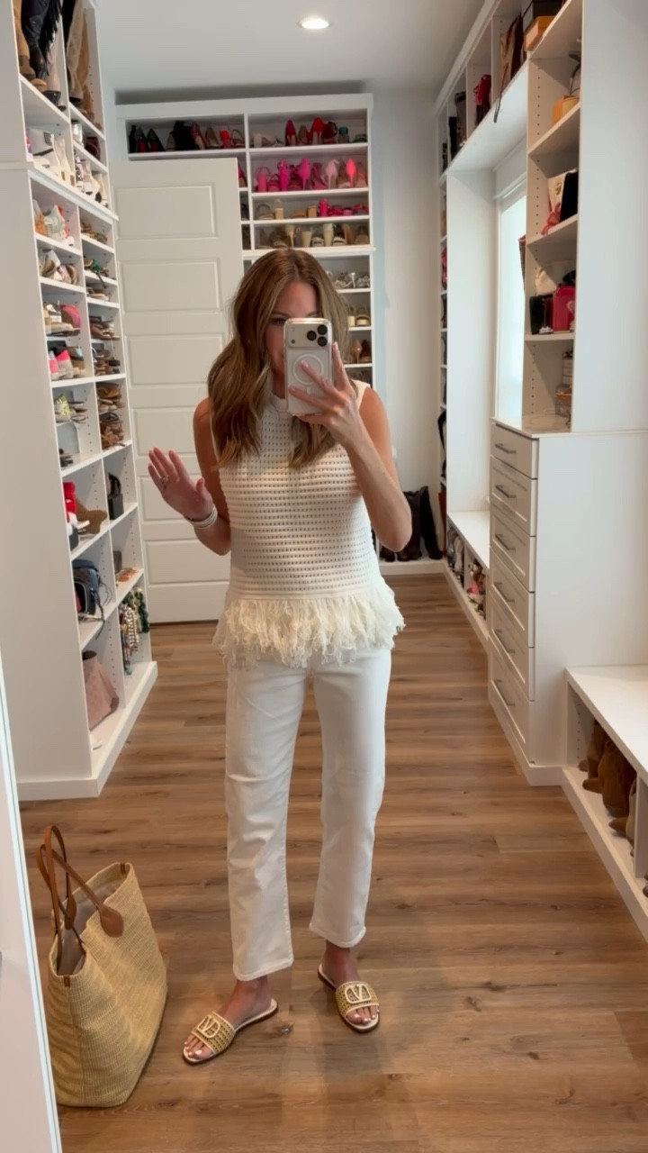 In a small crochet fringe top, size 27 jeans, sandals and accessories- fits tts.

#LTKootd #LTKSeasonal #LTKgrwm