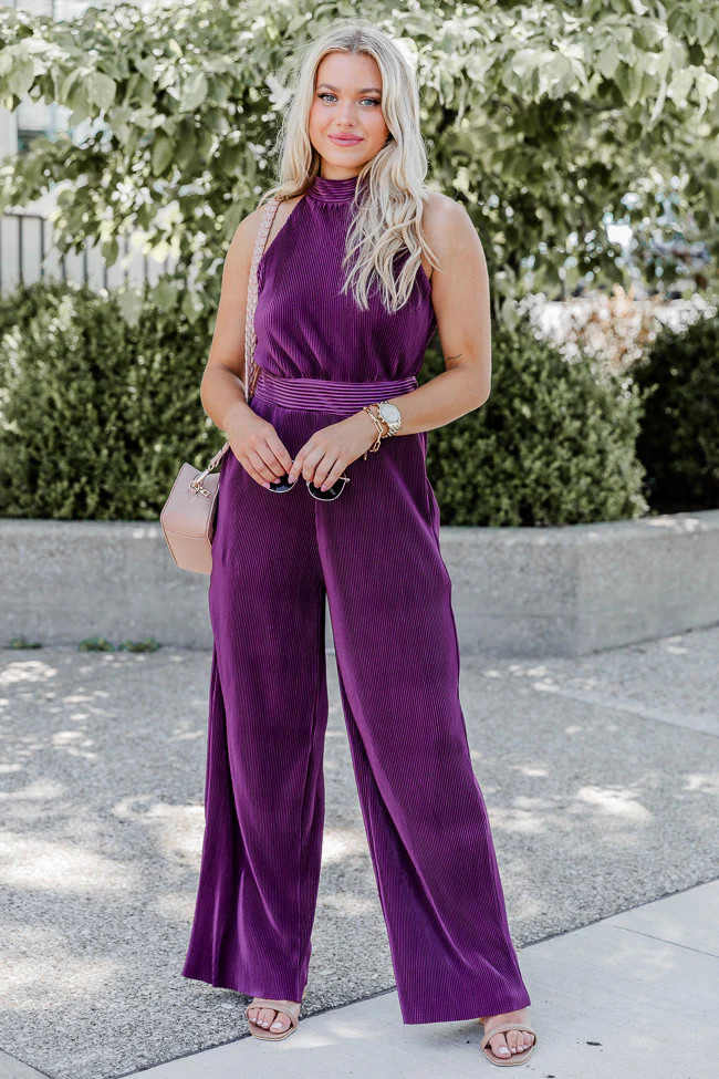 Glimmer Of Hope Plum Plisse Halter Neck Jumpsuit FINAL SALE | Pink Lily