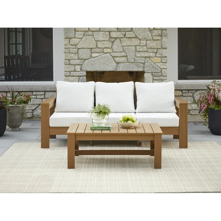 Better Homes & Gardens Ezra Outdoor HDPE Sofa, Teak with Cream Boucle Cushions | Walmart (US)