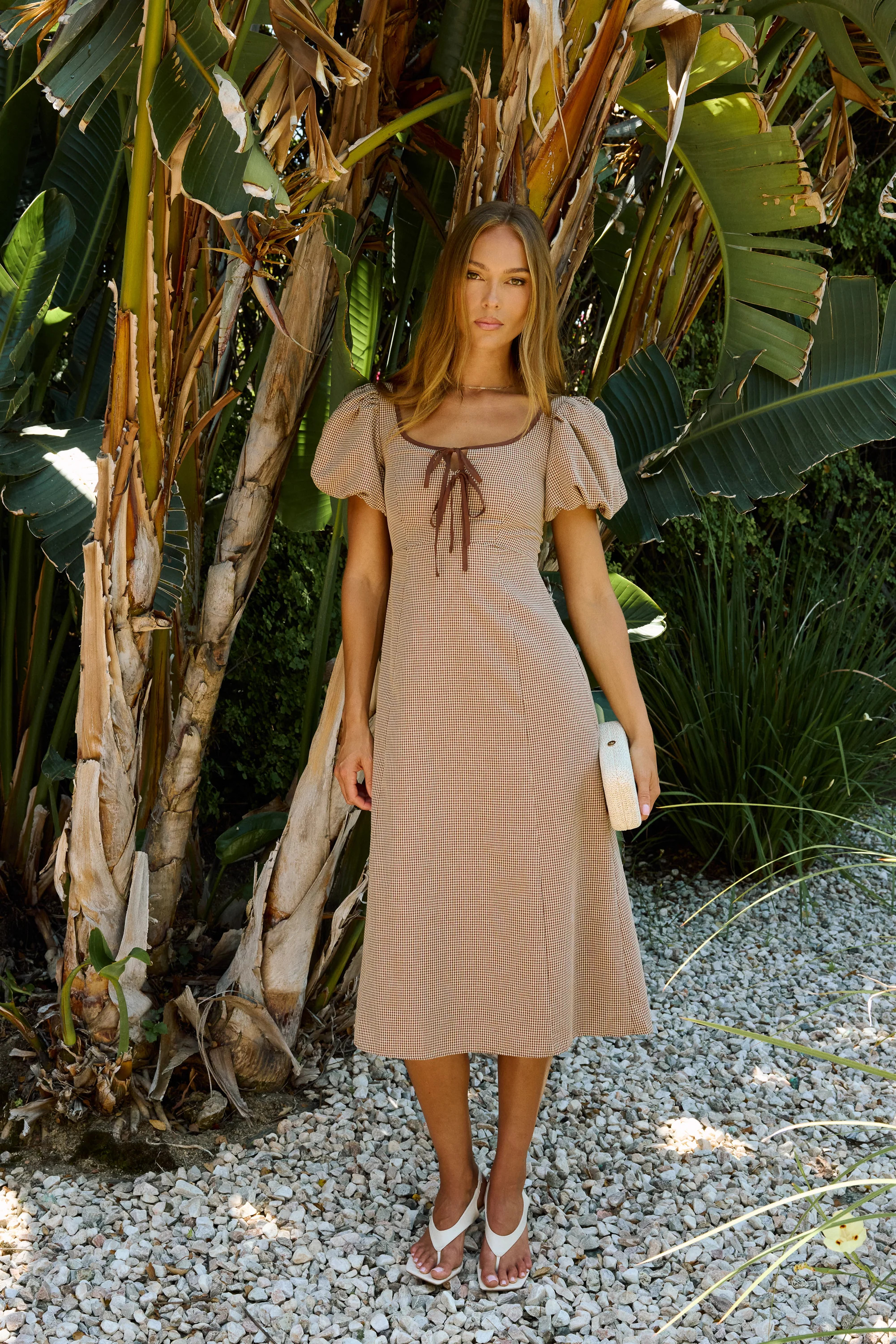 Elle Gingham Midi Dress in Tan | Böhme US