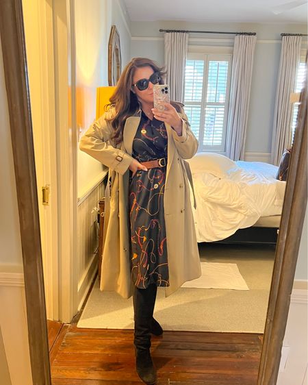 Two of my favorite and most-worn purchases of 2022… This 90’s style, classic trench and this equestrian-inspired silk shirt dress. 

I like to use my own belt with the dress. Their sizing runs slightly large, but I found the belt loops to be too high. If you are on the shorter size, go one size down and if you are tall (I’m 5’8 for ref) order your usual size and have tailored where you need. 