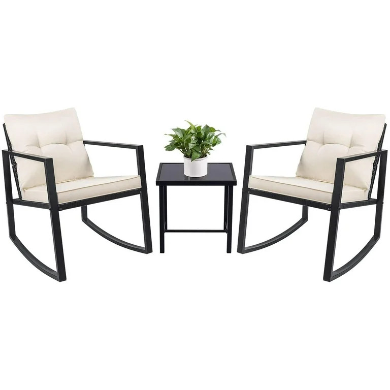 Vineego 3 Pieces Outdoor Bistro Set Rocking Wicker Chair Sets Cushioned PE Rattan Rocking Chairs ... | Walmart (US)