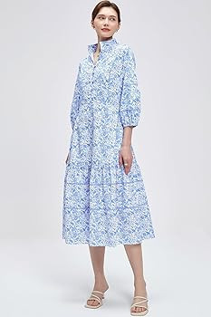 D-Sun Women Floral Maxi Dress Elegant Printed Button Down 3/4 Puff Sleeve Tiered A-Line Flowy Par... | Amazon (US)