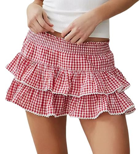 Women Gingham Mini Skirt Y2k Plaid Lace Pleated Short Skirt Halloween Cosplay Costume Men's Sissy Mini Skirt(Dark Red,Medium) | Amazon (US)