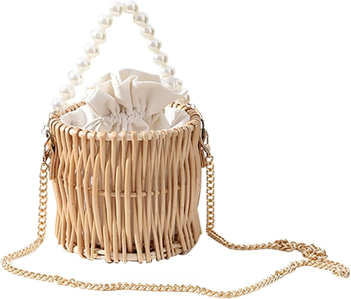 Straw Bag for Women, Summer Pearl Beach Bag, Woven Rattan Purse for Vacation. | Amazon (US)