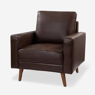 JAYDEN CREATION Christine Mid-Century Modern Genuine Leather Armchair with Wood Flared Legs-BROWN... | The Home Depot