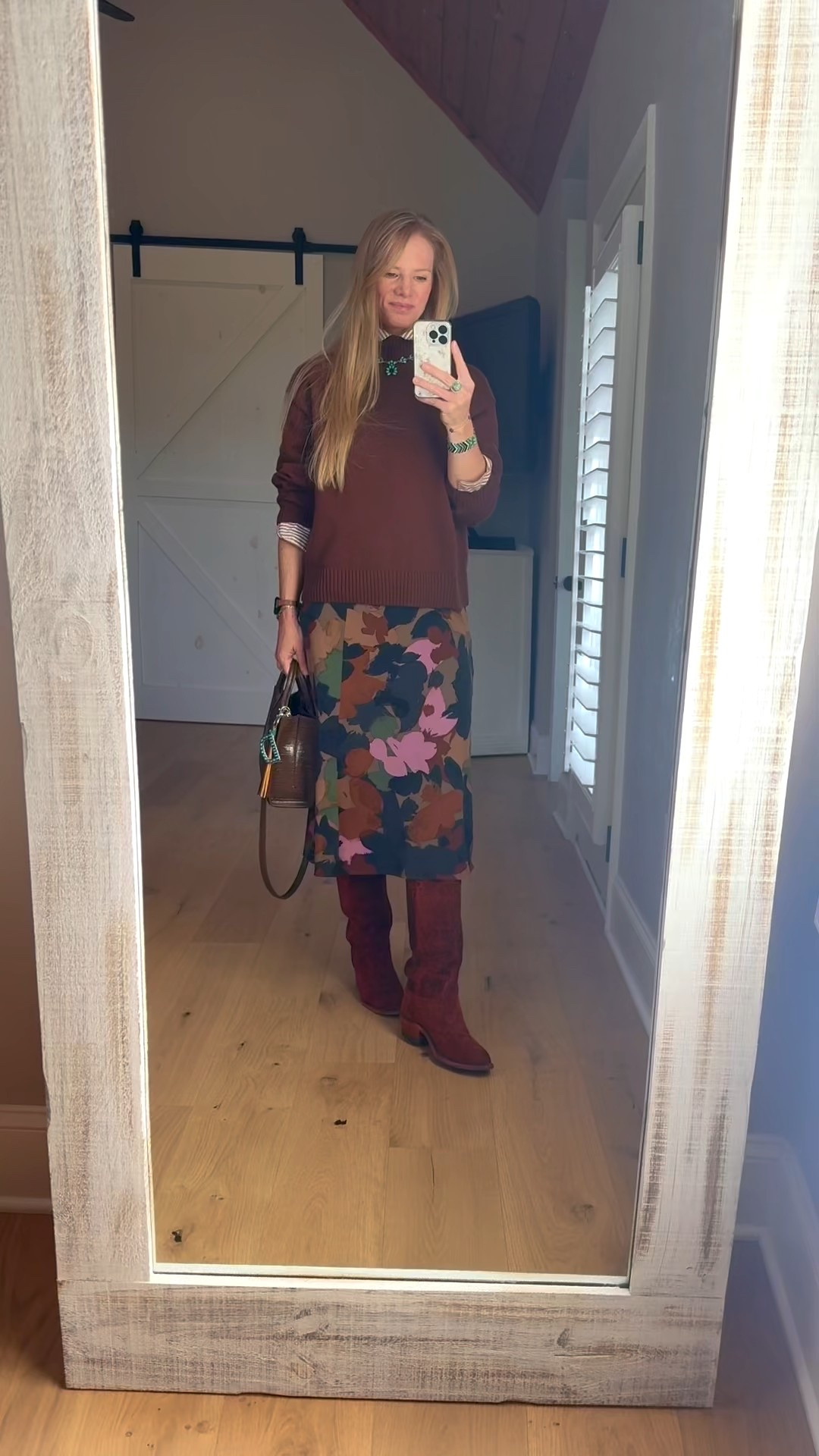 Dressy western outfit

Size reference
 5’ 9” - 140 lbs 

Cotton sweater - large

Stripe button up - large
(Old Walmart)

Floral skirt - small
(Old Walmart)

Tall cowboy boots - tts 



Western style. Western outfit. Winter skirt outfit. Cowboy boots outfits. Western chic. Brown sweater. 

#LTKTall #LTKSaleAlert #LTKOver40