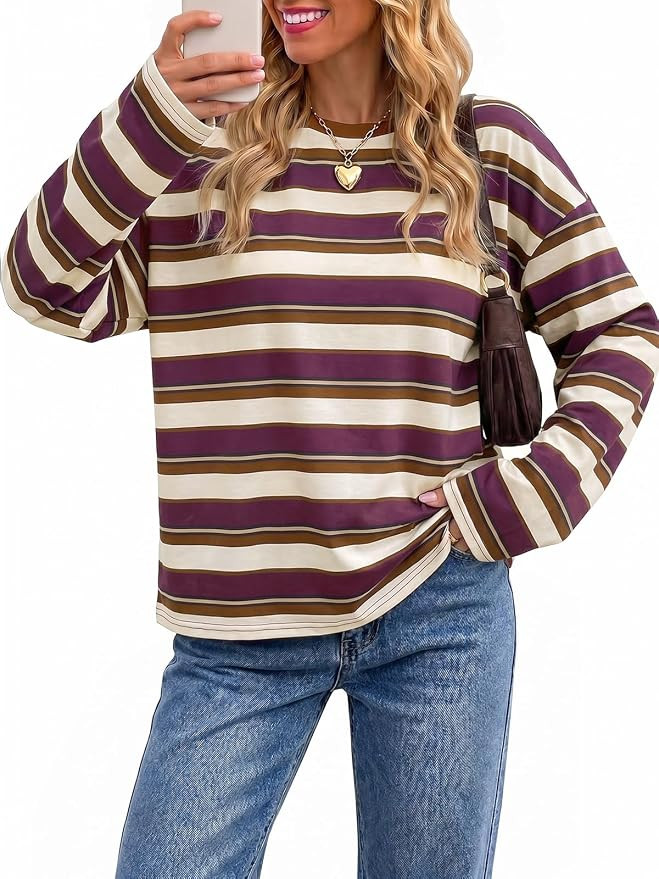 Tankaneo Womens Oversized Striped Long Sleeve T-Shirts Crewneck Casual Tops | Amazon (US)