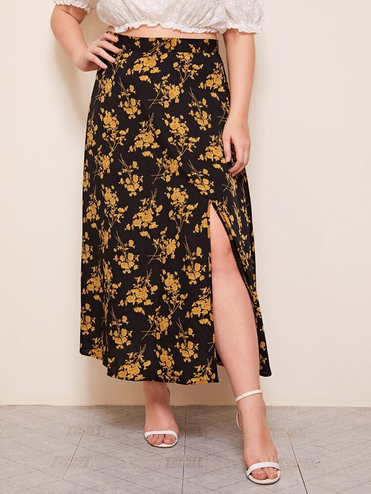 SHEIN Plus Split Thigh Floral Skirt | SHEIN