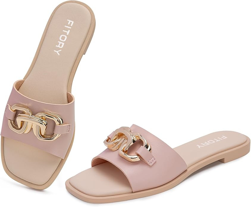 FITORY Women's Flat Sandals Fashion Slides With Soft Leather Slippers for Summer Size 6-11 | Amazon (US)