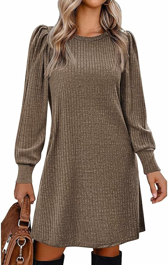 Zeagoo Women's Knit Dress with Puff Sleeves for Fall & Winter - Round Neck Casual Tunic Dress | Amazon (US)