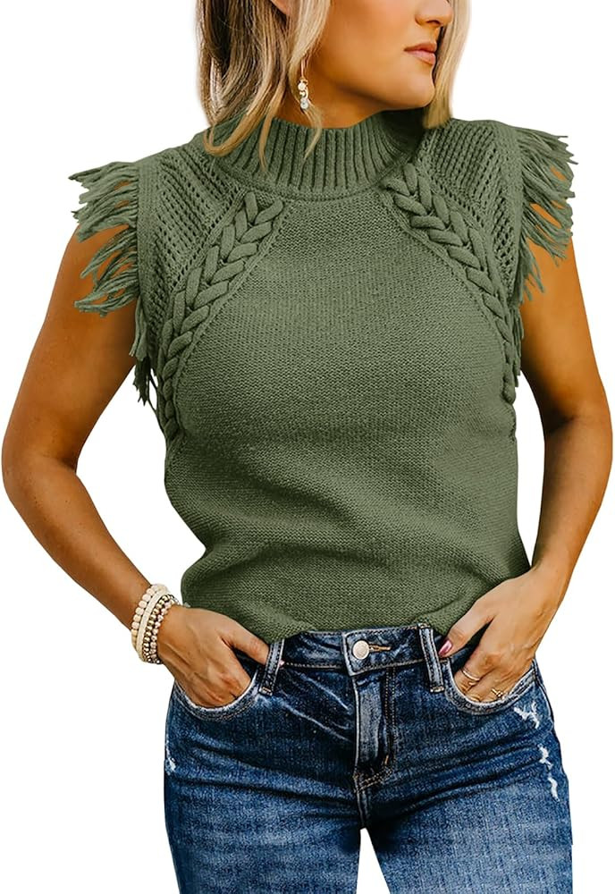 Saodimallsu Womens Sleeveless Sweater Vest Mock Neck Cable Knit Fringe Cap Sleeve Boho Trendy Pul... | Amazon (US)