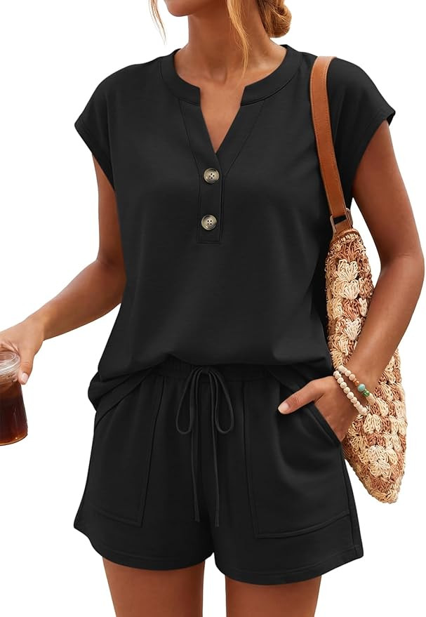 LILLUSORY Womens Henley 2 Piece Short Sets Summer 2026 Lounge Spring Beach Airport Travel Vacatio... | Amazon (US)