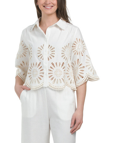 Linen Blend Embroidered Top | TJ Maxx