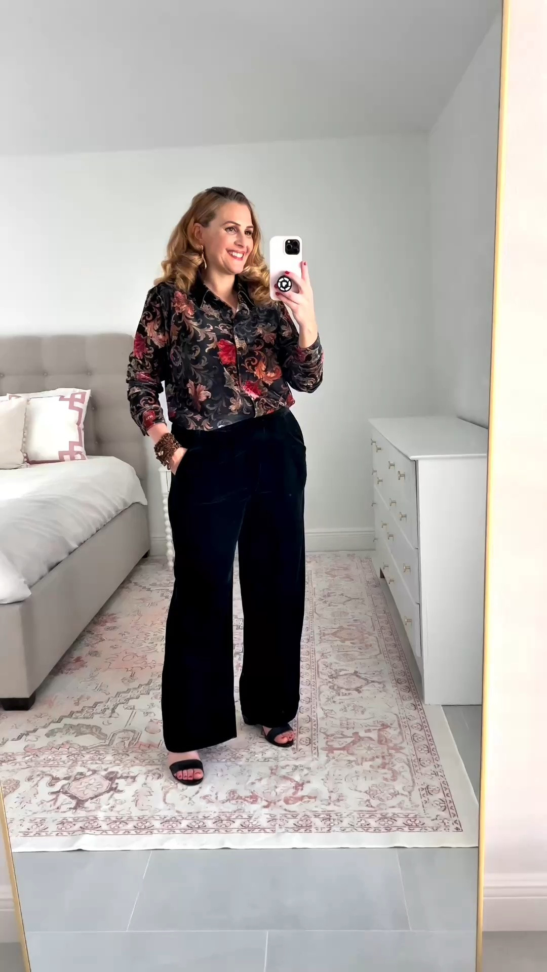 🍁SOFT SURROUNDINGS FALL FASHION: #ad Effortless style made for the season. My velvety outfit will become a staple in your fall wardrobe. @soft_surroundings #softsurroundings

🍁My velvet boyfriend baroque tunic shirt is their best selling big shirt and I can see why! It’s so versatile, I styled it three different ways. I love the luxurious soft stretch velvet and the baroque print. This shirt has all the fall colors!
It features a shirt collar, button placket, long button cuff sleeves and a shirttail hem. Available in size XS-XL. I’m wearing a medium and it fits true to size.

🍁My aria velvet wide leg pants are a must. These best-selling velvet pants deliver lustrous sheen and have a beautiful rich texture. You can wear these pants into the office, for special occasions and holiday celebrations. They are so comfortable and I love that the waistband has stretch!

🍁They feature a flat front waistband, back elastic waist and side-seam pockets. They have a classic fit and are relaxed throughout the leg and sit at your natural waistline. Truly so comfortable! Available in sizes XS-XL. I’m wearing a large and they fit true to size.

🍁Pair this look with the mabel bracelet set. It features five stretchy strands of genuine Tiger’s Eye. Beautiful natural stones for layered styling.

🍁Don’t forget my stella scroll earrings. Lightweight, 2.5 inch resin drop earrings designed in a baroque scroll print. Compliment this shirt perfectly!

🍁Lastly, the Antelope Amelia Textured Sandal is a must! So comfortable and they support your feet. I own these in gold and wear them all the time. They are textured for a softly shimmering effect. This black leather sandal is so chic. Its unique architectural heel gives it a modern look. Love the leather lining and rubber sole too.

🍁You will be stepping into Fall in style with this look!

👉🏼Follow my shop @jtstjtst11 on the @shop.LTK app to shop this post and get my exclusive app-only content!

#liketkit 
@shop.ltk

#LTKWorkwear #LTKSeasonal