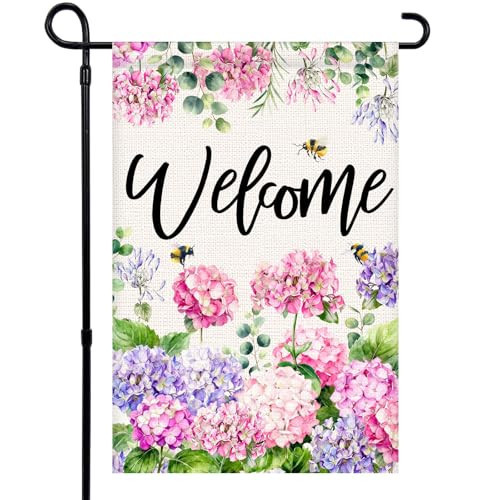 Welcome Spring Summer Garden Flag 12x18 Inch Double Sided Colorful Floral Hydrangea Bee Seasonal Small Burlap Garden Flags for Porch, Patio, Lawn, Farmhouse, Holiday Decoration | Amazon (US)