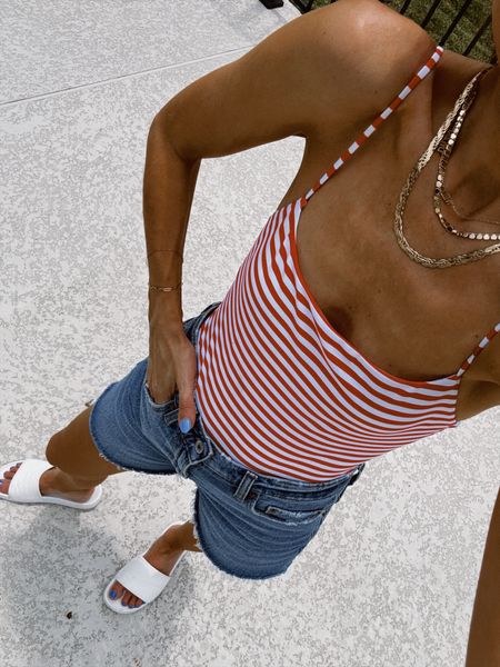 Perfect Memorial Day swimsuit! Runs small! In a small. Size 25 shorts  red and white stripe one-piece swimsuit 

#LTKFindsUnder50 #LTKFindsUnder100 #LTKSwim