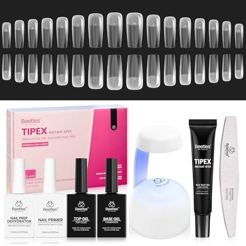Beetles Tipex Instant Apex Nail Tips Kit, Square Long, 224pcs 16 Sizes, with Tipex Nail Glue, Dehydrator, Primer, Base & Top Coat, Mini UV Lamp, Pre-Building Kit | Amazon (US)