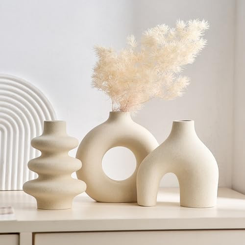 White Ceramic Vase Set of 3, Small Flower Vases for Pampas Grass, Modern Boho Vase for Decor, Rou... | Amazon (US)