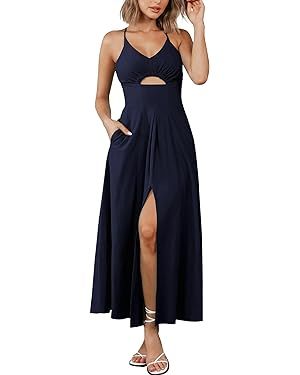 BTFBM Women 2024 Summer Spaghetti Strap Dress Sleeveless V Neck Cutout Slit Casual Beach Party Ma... | Amazon (US)