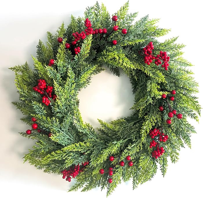 24 inch Christmas Wreaths for Front Door, Artificial Winter Wreath with Red Balls, Faux Pine Gree... | Amazon (US)