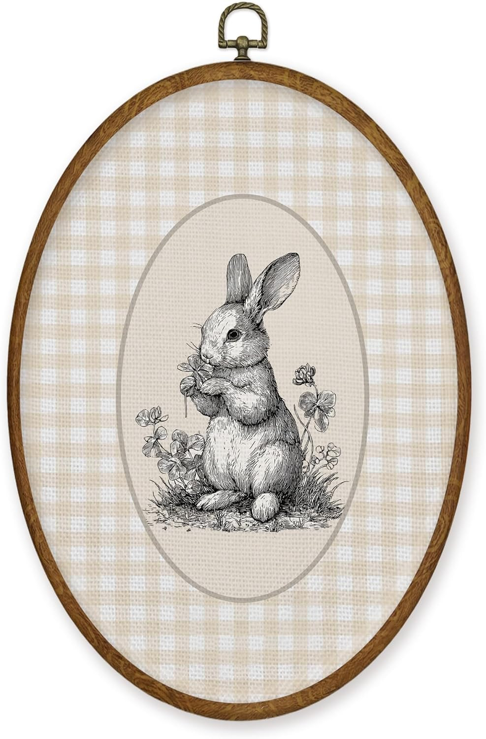 MZKZCHFE Boho Easter Bunny Oval Wall Art Decor, Neutral Plaid Rabbit Oval Canvas Prints Framed, R... | Amazon (US)
