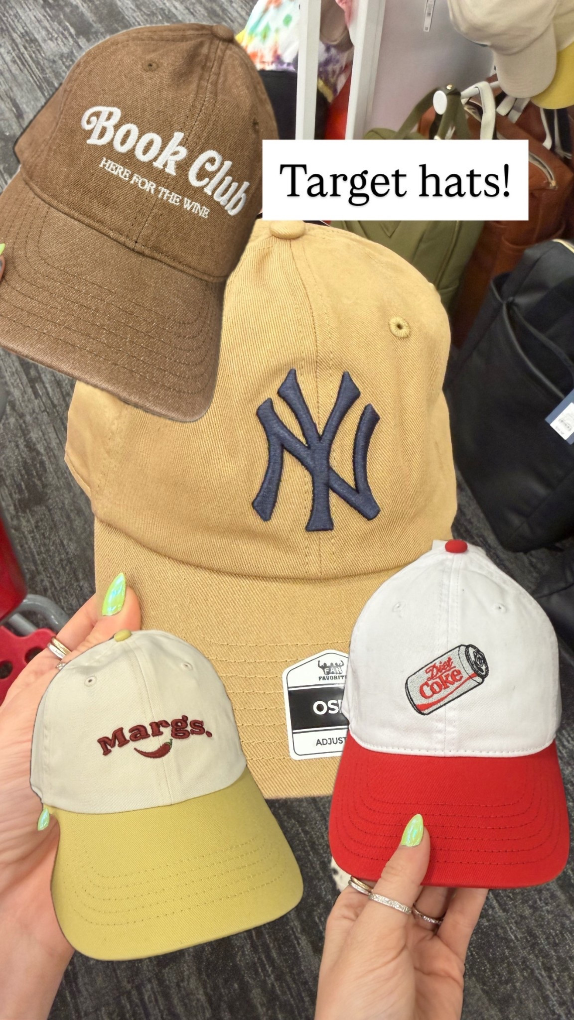 New hats at target! Diet Coke hat, khaki Yankees hat, yellow margs hat, book club hat!