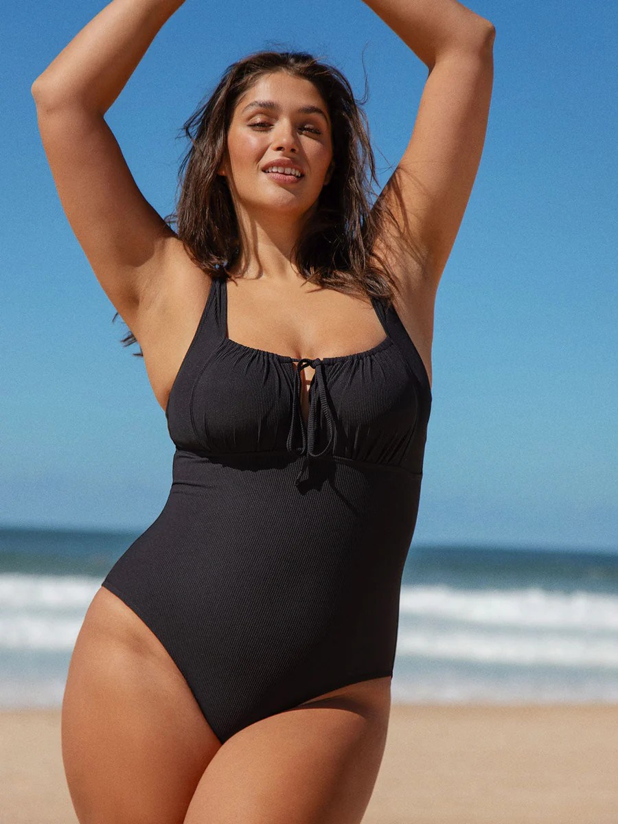 Black Cutout Tie Plus Size One-Piece Swimsuit & Reviews - Navy,Black - Sustainable Plus Size One-... | BERLOOK