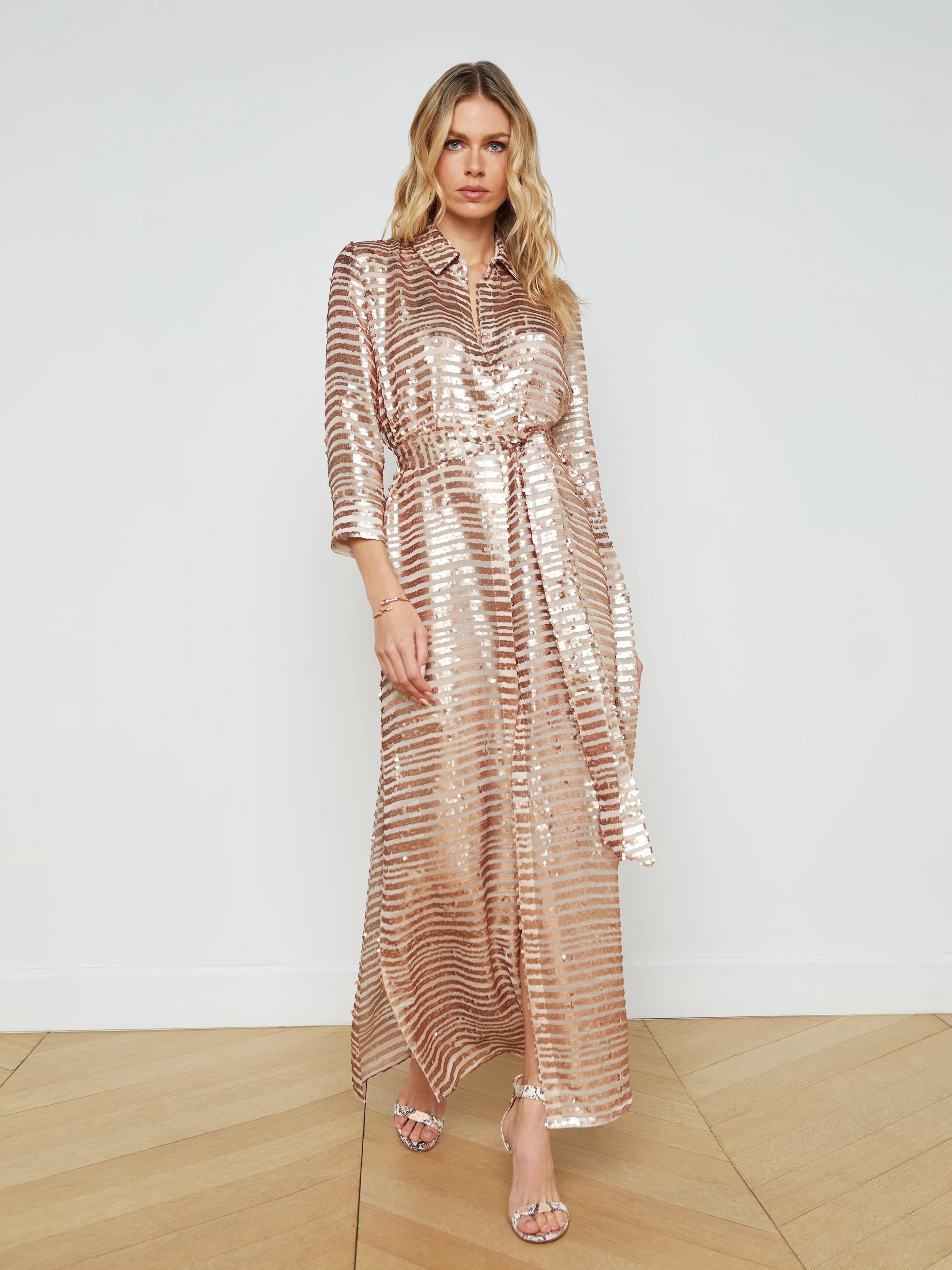 L'AGENCE - Cameron Sequinned Maxi Shirt Dress in Beige Sequin | L'Agence