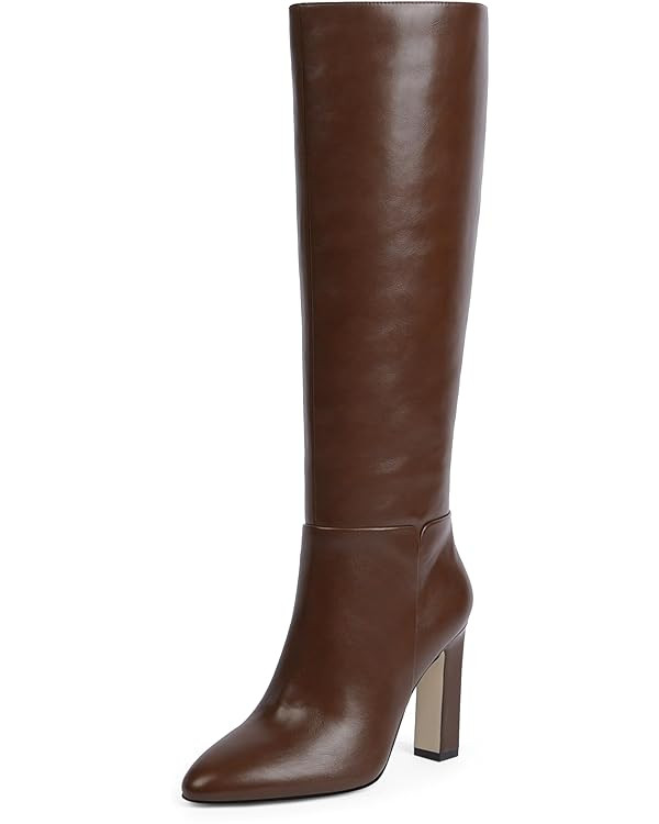 Women Knee High Boots Almond Toe Chunky Block High Heel Side Zipper Long Boots for Women | Amazon (US)