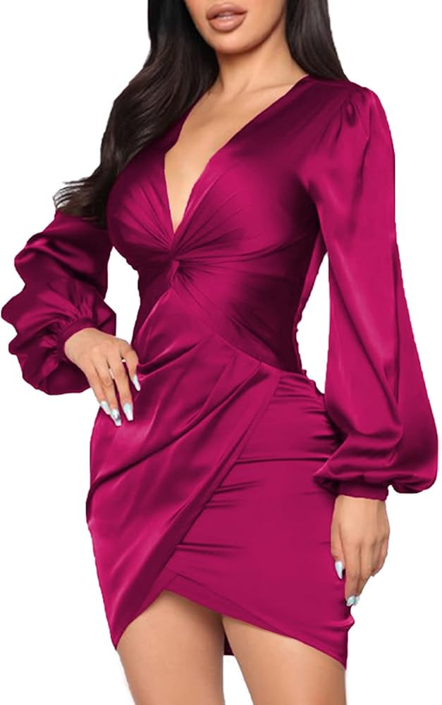 FairyLove Women's Elegant Empire Waist Long Sleeve Wedding Guest Party Cocktail Bodycon Irregular... | Amazon (US)