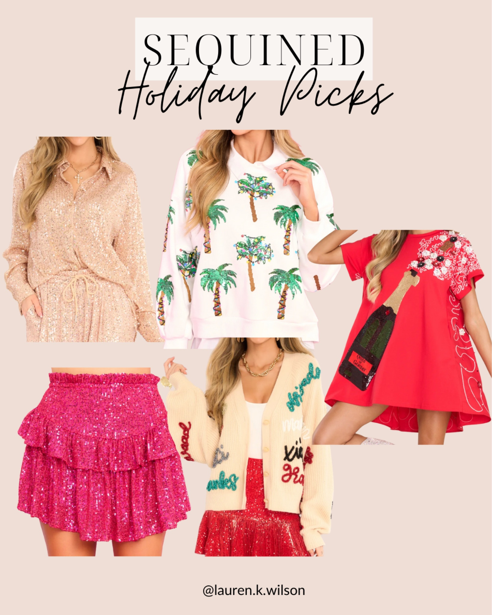 Sequined holiday dress, button down, skirt, palm tree, cardigan, champagne 

#LTKSeasonal #LTKstyletip #LTKHoliday
