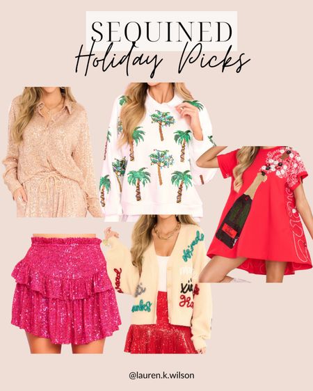 Sequined holiday dress, button down, skirt, palm tree, cardigan, champagne 

#LTKSeasonal #LTKstyletip #LTKHoliday