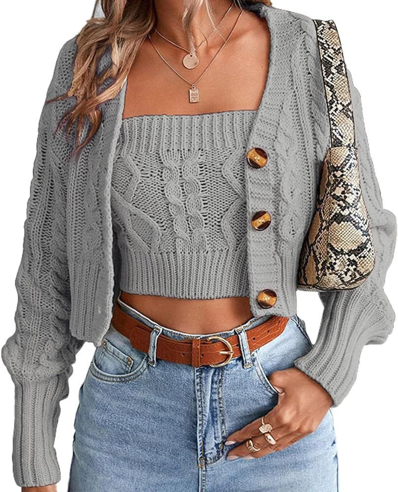 Women Long Sleeve Knit Button Down Cardigan Sweaters 2 Pieces Sweatshirt Pullove Crop Top Sets Ca... | Amazon (US)