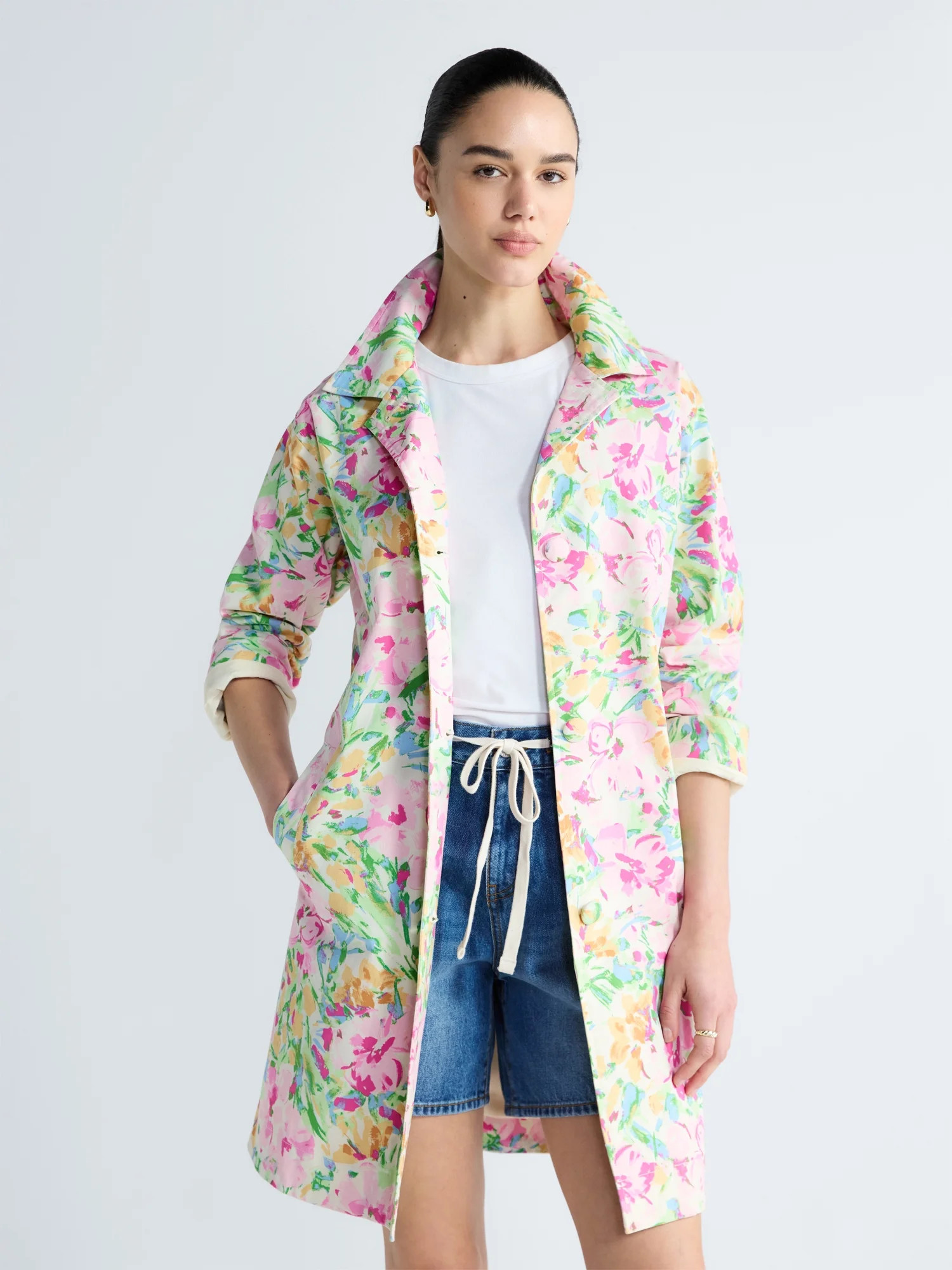 Free Assembly Women's and Women's Plus Floral Car Coat with Long Sleeves, Sizes XS-4X | Walmart (US)