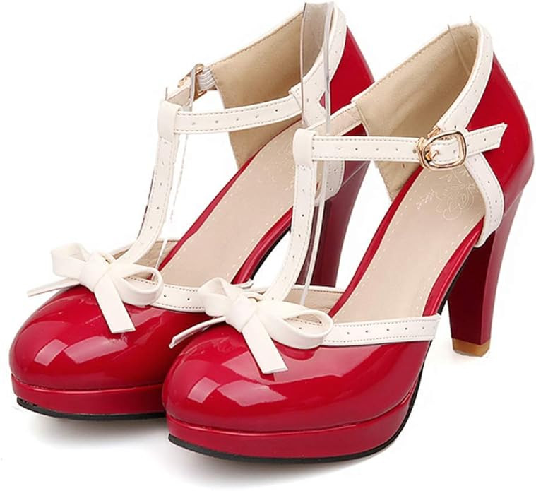 Robasiom Women’s T Strap Bow Mary Janes Closed Round Toe Pump High Heel Vintage Sweet Shoes Dre... | Amazon (US)