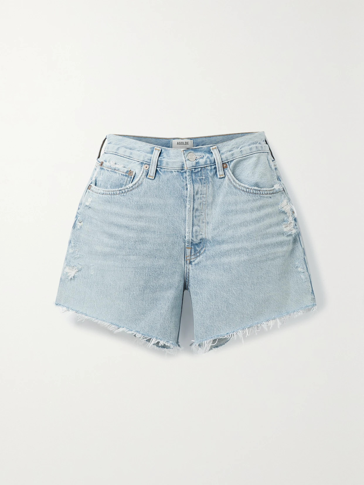 AGOLDE - + Net Sustain Long Parker Distressed Organic Denim Shorts - Blue | NET-A-PORTER (US)