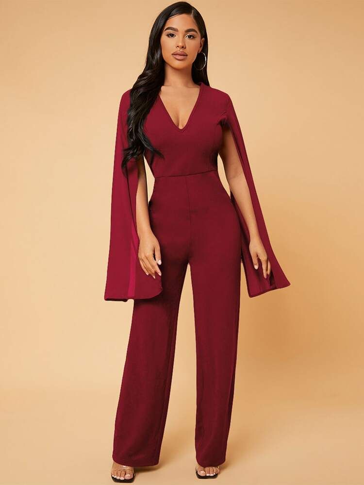 SHEIN Deep V Neck Split Sleeve Jumpsuit | SHEIN