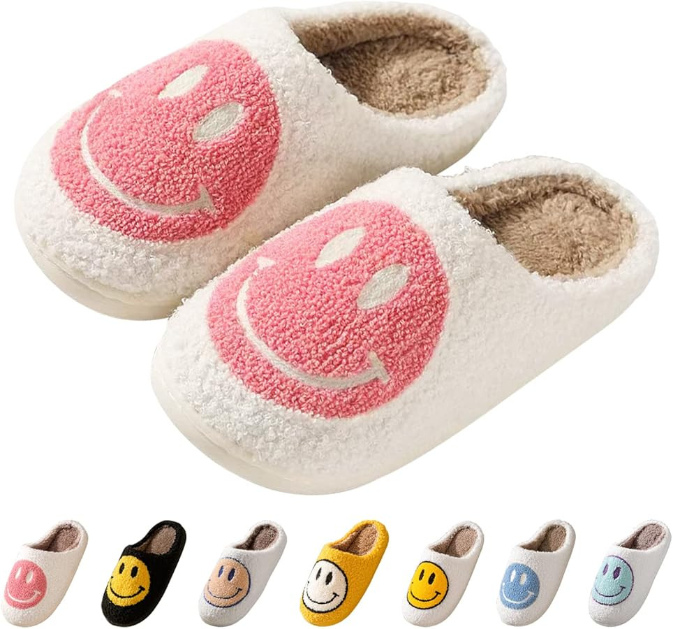 Smile Face Slippers for Women Retro Soft Plush Warm Slip-on Slippers, Happy face slippers Cozy In... | Amazon (US)