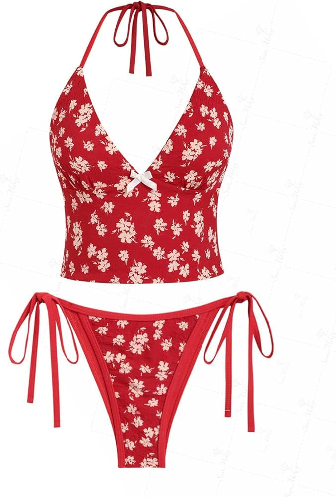 seamoly Red Gingham Floral Printed Halter Tie Side Chic Tankini Set | Amazon (US)