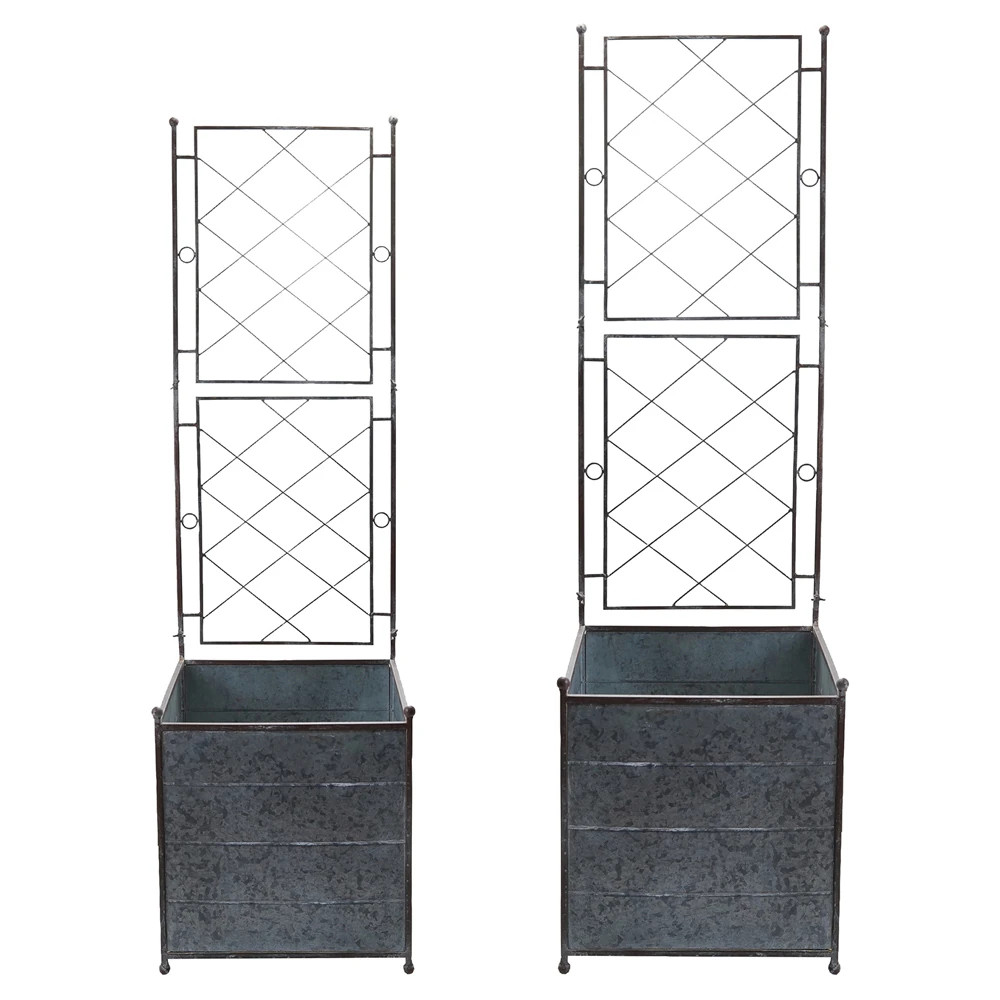 Millie Updated Traditional Silver Iron Trellis Outdoor Planter Box - Set of 2 | Kathy Kuo Home