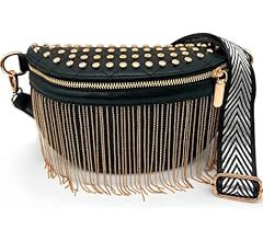 TOPALL Fanny Pack Crossbody Bags for Women, Upgrade Sling Bag Leather Belt Bag Fashion Waist Packs Chest Bag Studded Tassel Bum Bag for Travel, Walking, Running and Hiking (Gold) | Amazon (US)