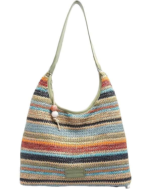 straw beach tote bag, summer vacation crochet purse, woven trendy colorful cute shoulder bag with... | Amazon (US)